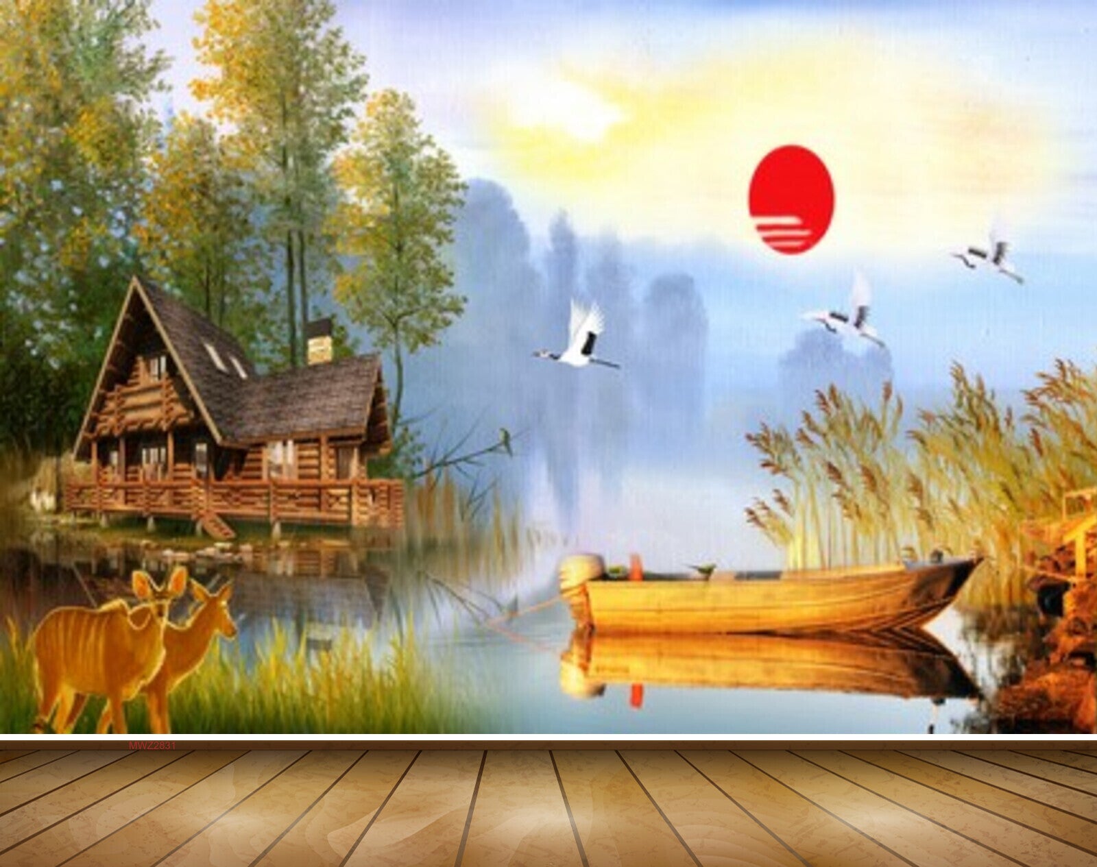 Avikalp MWZ2831 Sun Birds Houses Trees Boat River Lake Water Deers Grass Painting HD Wallpaper