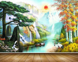 Avikalp MWZ2832 Sun Mounatins Clouds Waterfalls Trees Cranes Boat Lake River Water Flowers Grass Painting HD Wallpaper