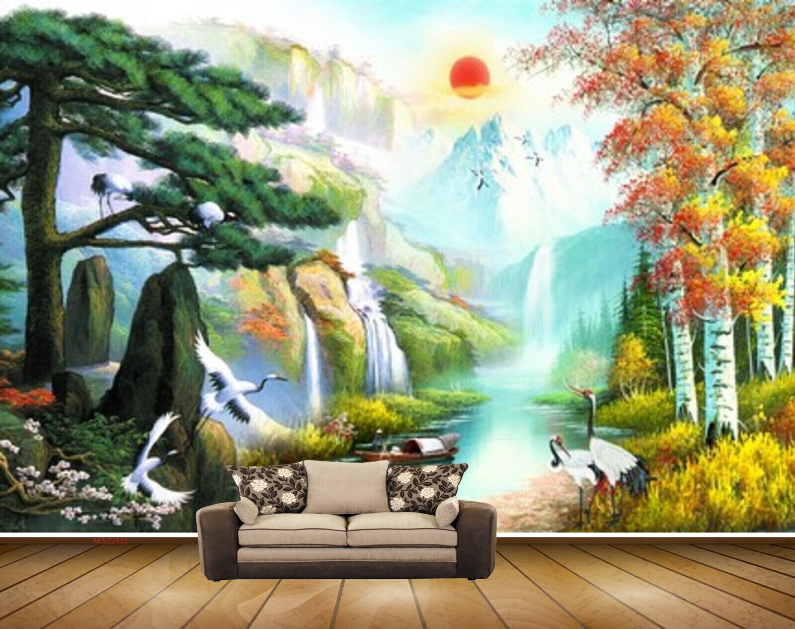 Avikalp MWZ2832 Sun Mounatins Clouds Waterfalls Trees Cranes Boat Lake River Water Flowers Grass Painting HD Wallpaper