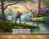 Avikalp MWZ2837 Trees Waterfalls Grass Flowers Lake River Pond Man Fishing Rod Stones Forest Painting HD Wallpaper