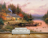 Avikalp MWZ2841 Mountains Trees Birds House Chair Boat Wooden Grass Stones River Lake Pond Water Painting HD Wallpaper