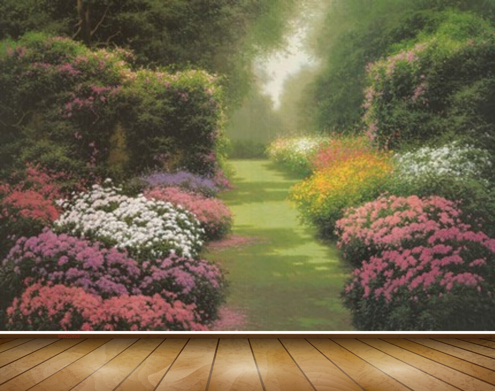 Avikalp MWZ2853 Trees Sun Pink White Red Flowers Grass Garden Park Plants Painting HD Wallpaper