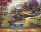 Avikalp MWZ2859 House Lake River Pond water Ducks Trees Purple Pink Leaves Grass Lamps Stones Painting HD Wallpaper