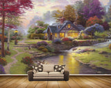 Avikalp MWZ2859 House Lake River Pond water Ducks Trees Purple Pink Leaves Grass Lamps Stones Painting HD Wallpaper