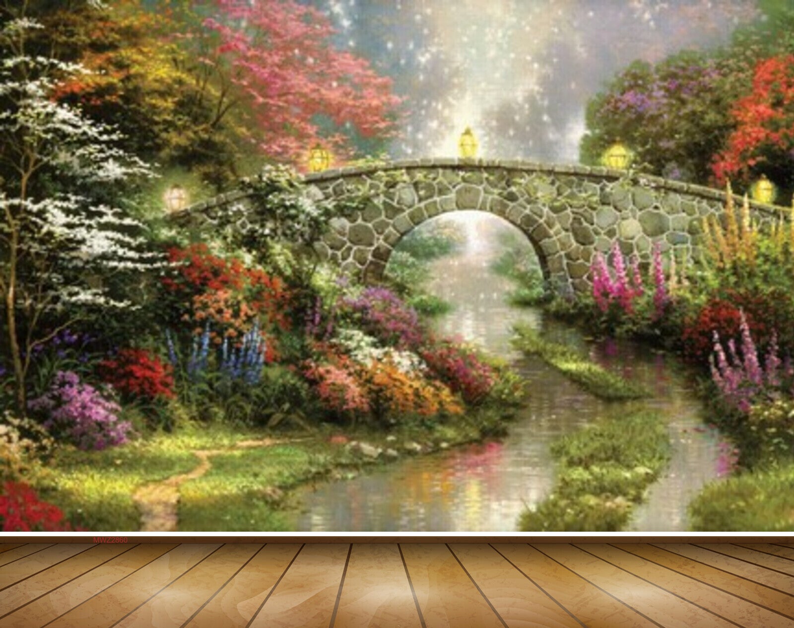 Avikalp MWZ2860 Trees Red Pink Flowers Culvert Bridge Lamps Grass Plants River Pond Lake Water Painting HD Wallpaper