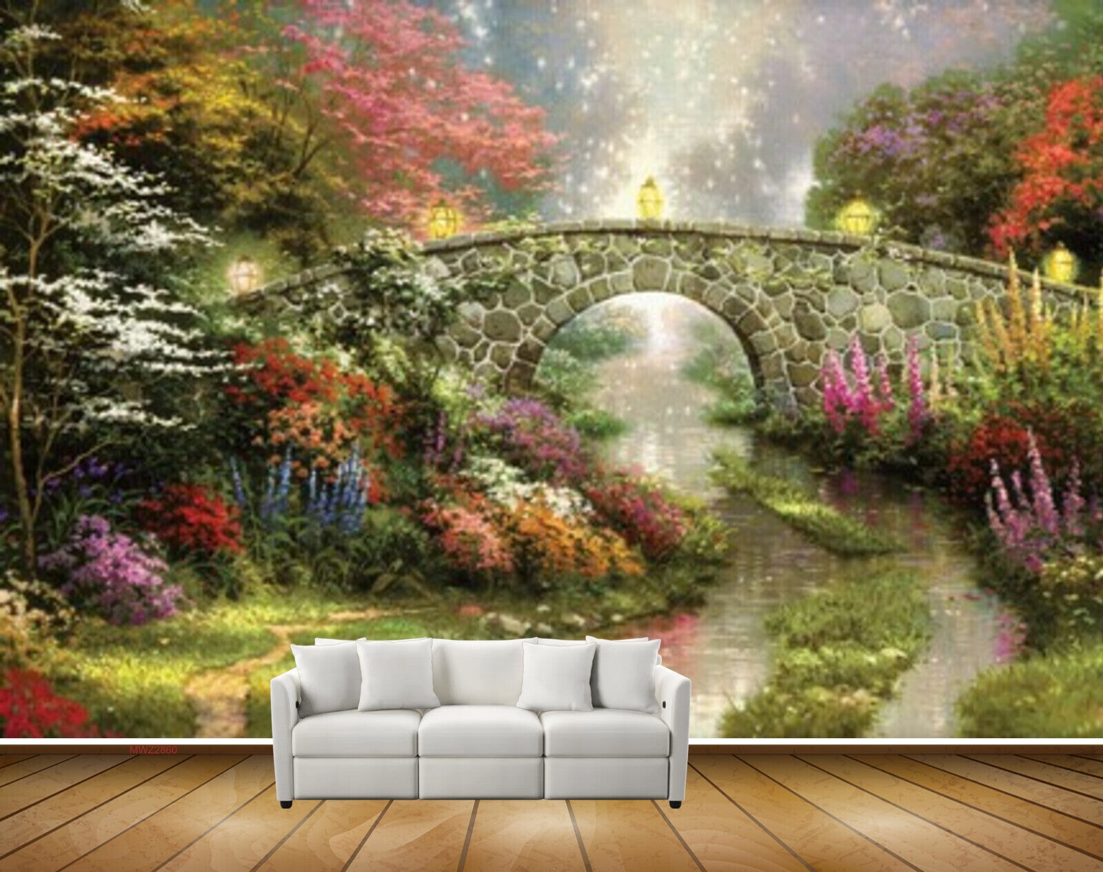 Avikalp MWZ2860 Trees Red Pink Flowers Culvert Bridge Lamps Grass Plants River Pond Lake Water Painting HD Wallpaper