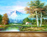 Avikalp MWZ2861 Sky Mountains Trees House Lake River Pond Water Flowers Clouds Hut House Grass Plants Painting HD Wallpaper