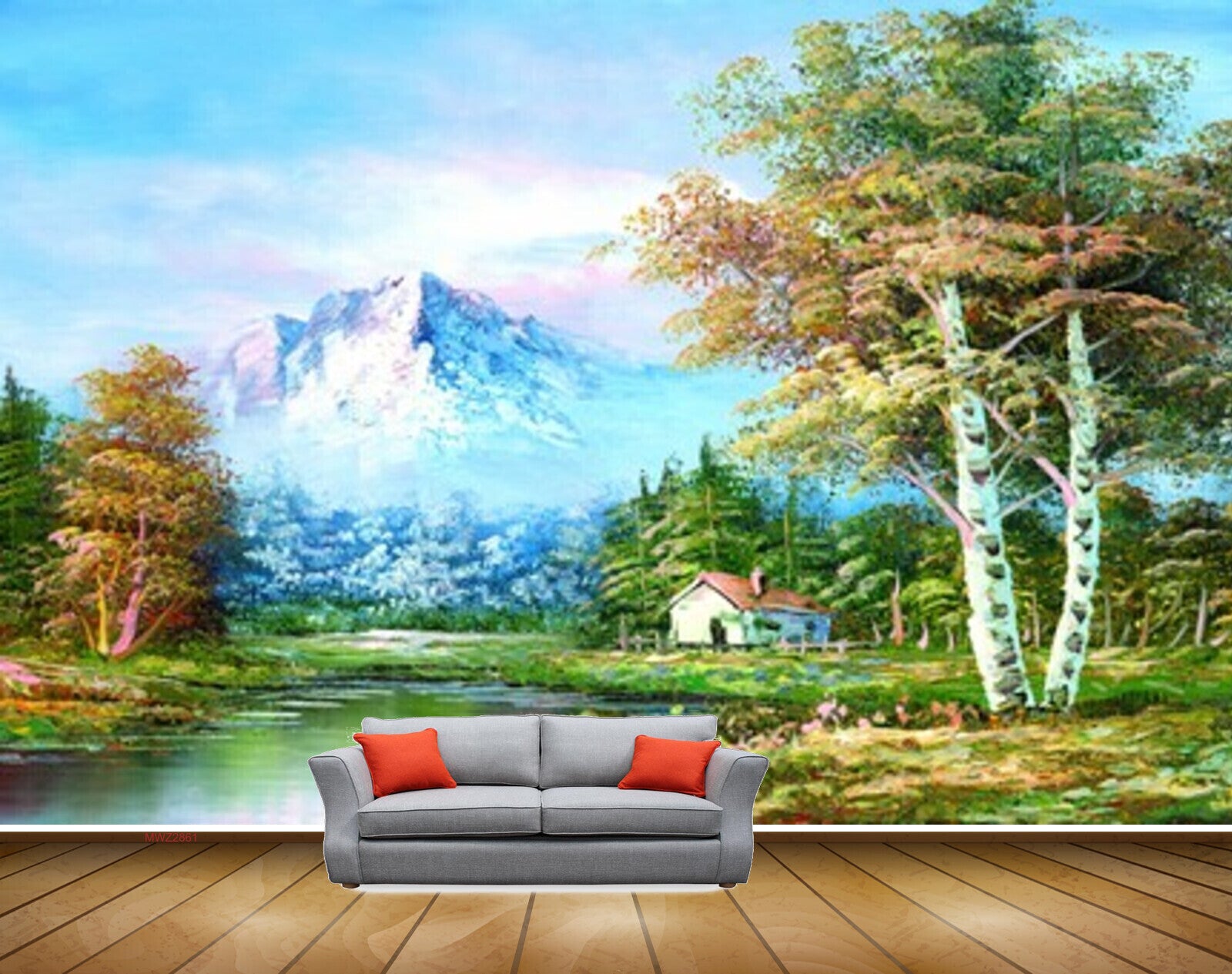 Avikalp MWZ2861 Sky Mountains Trees House Lake River Pond Water Flowers Clouds Hut House Grass Plants Painting HD Wallpaper