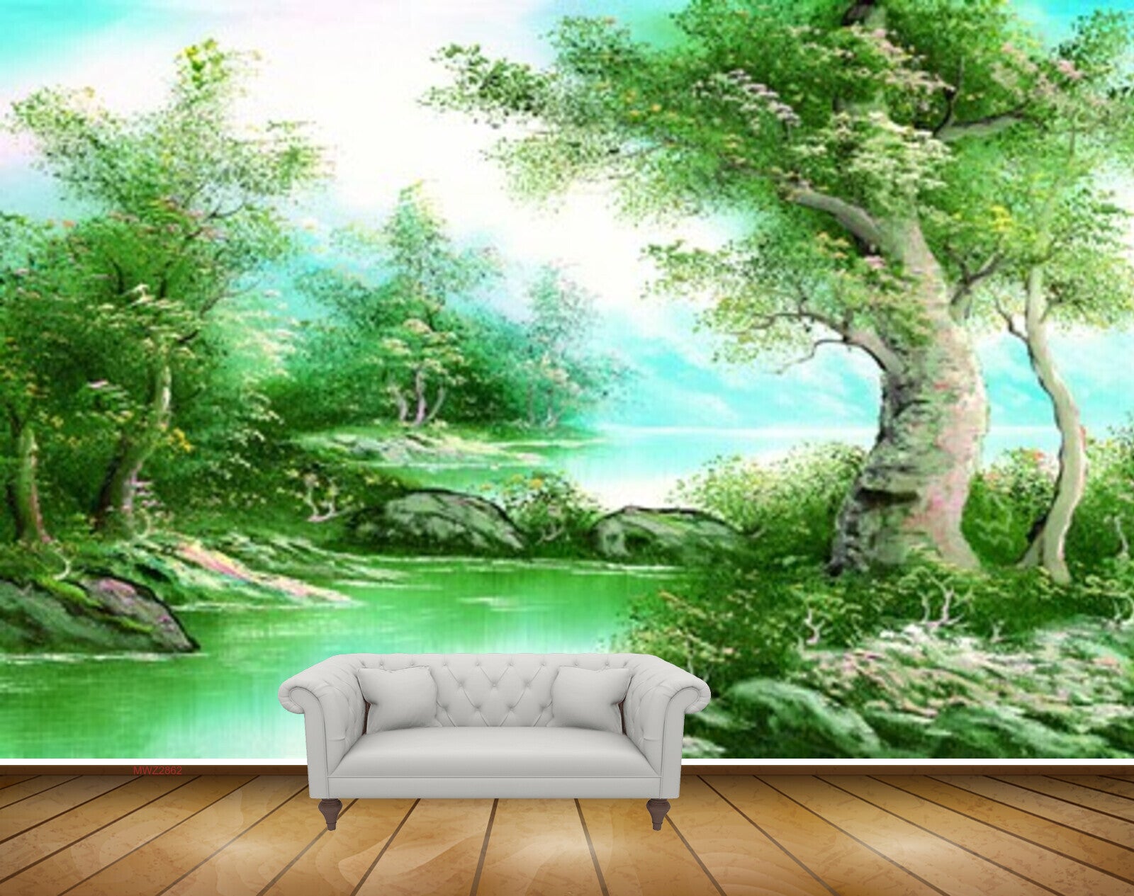 Avikalp MWZ2862 Trees Lake RIver Pond Water Grass Sky Stones Painting HD Wallpaper