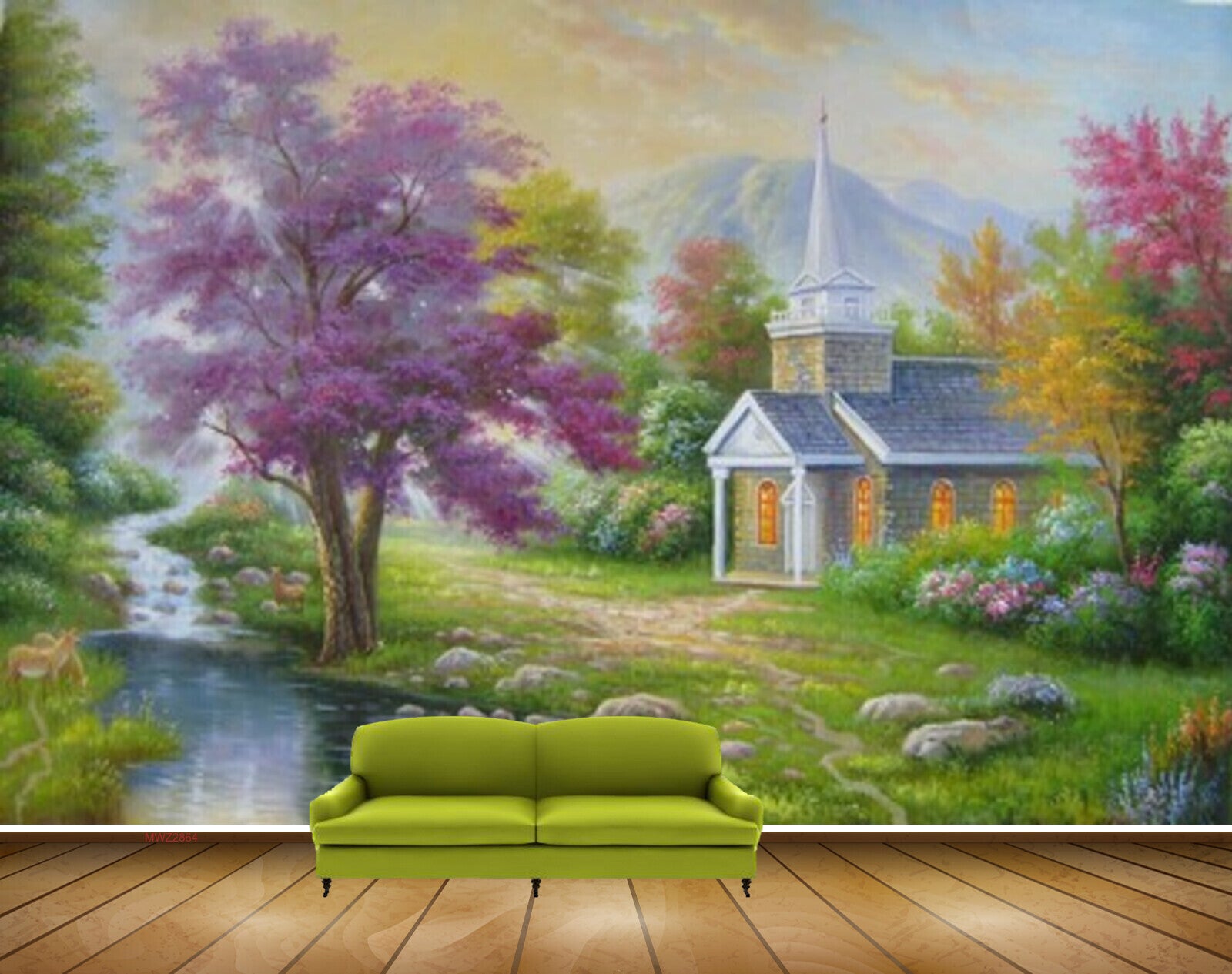 Avikalp MWZ2864 Sky Trees Houses Grass Stones Pink Yellow Leaves Mounatins River Pond Water Painting HD Wallpaper