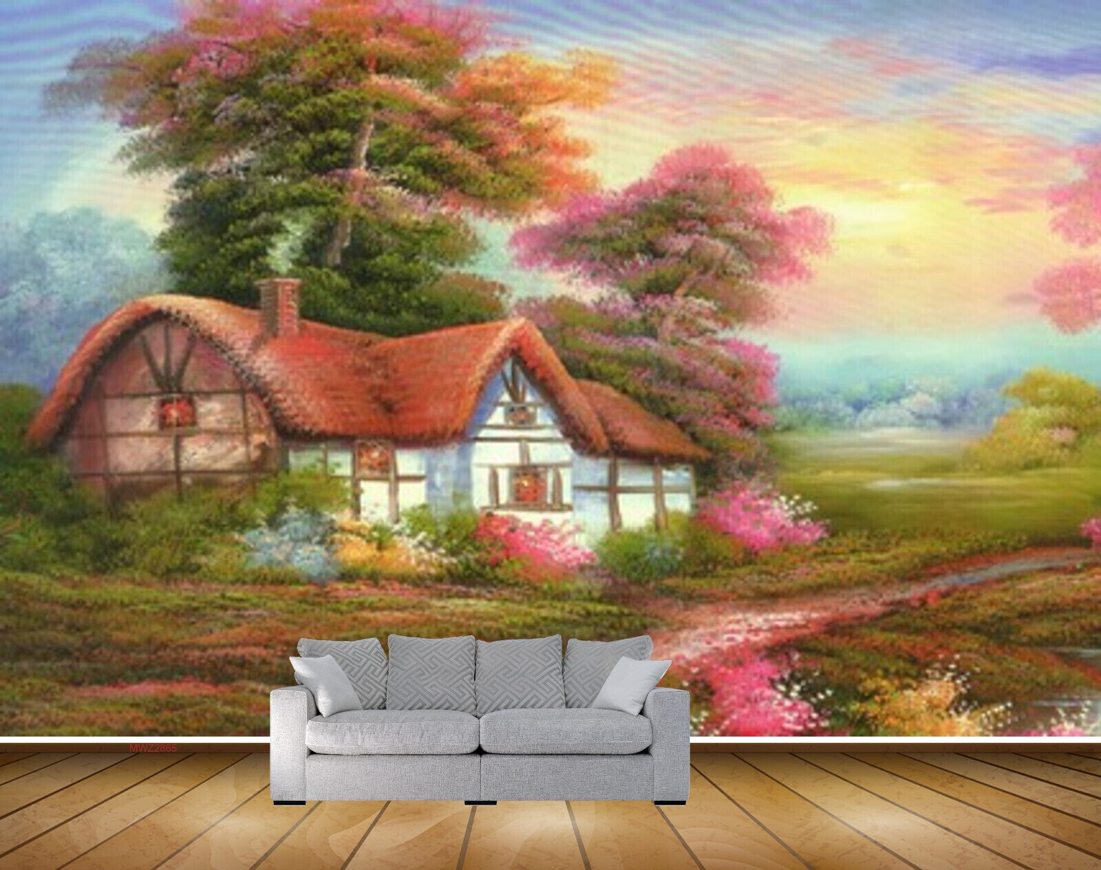 Avikalp MWZ2865 Sky Trees House Pink Flowers Grass Plants Road Painting HD Wallpaper