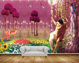 Avikalp MWZ2948 Trees Red Yellow Purple White Flowers Deers Cradle Couples Plants Birds Parrot Painting HD Wallpaper