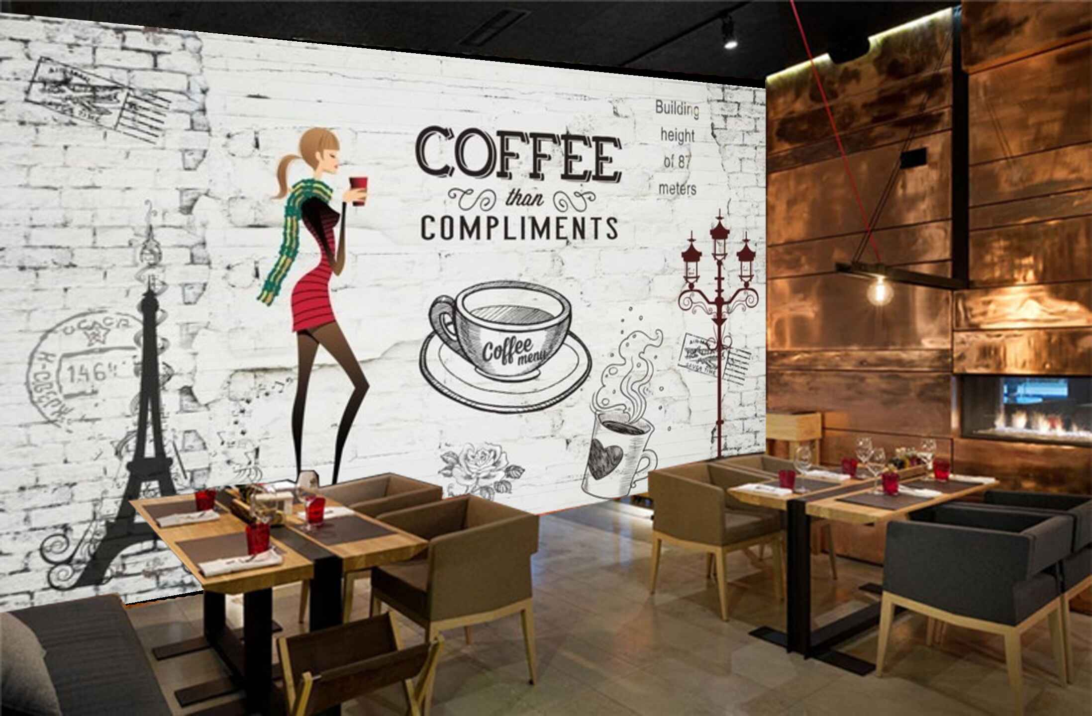 Avikalp MWZ2992 Coffee Quotes Lamp Eiffel Tower HD Wallpaper for Cafe Restaurant