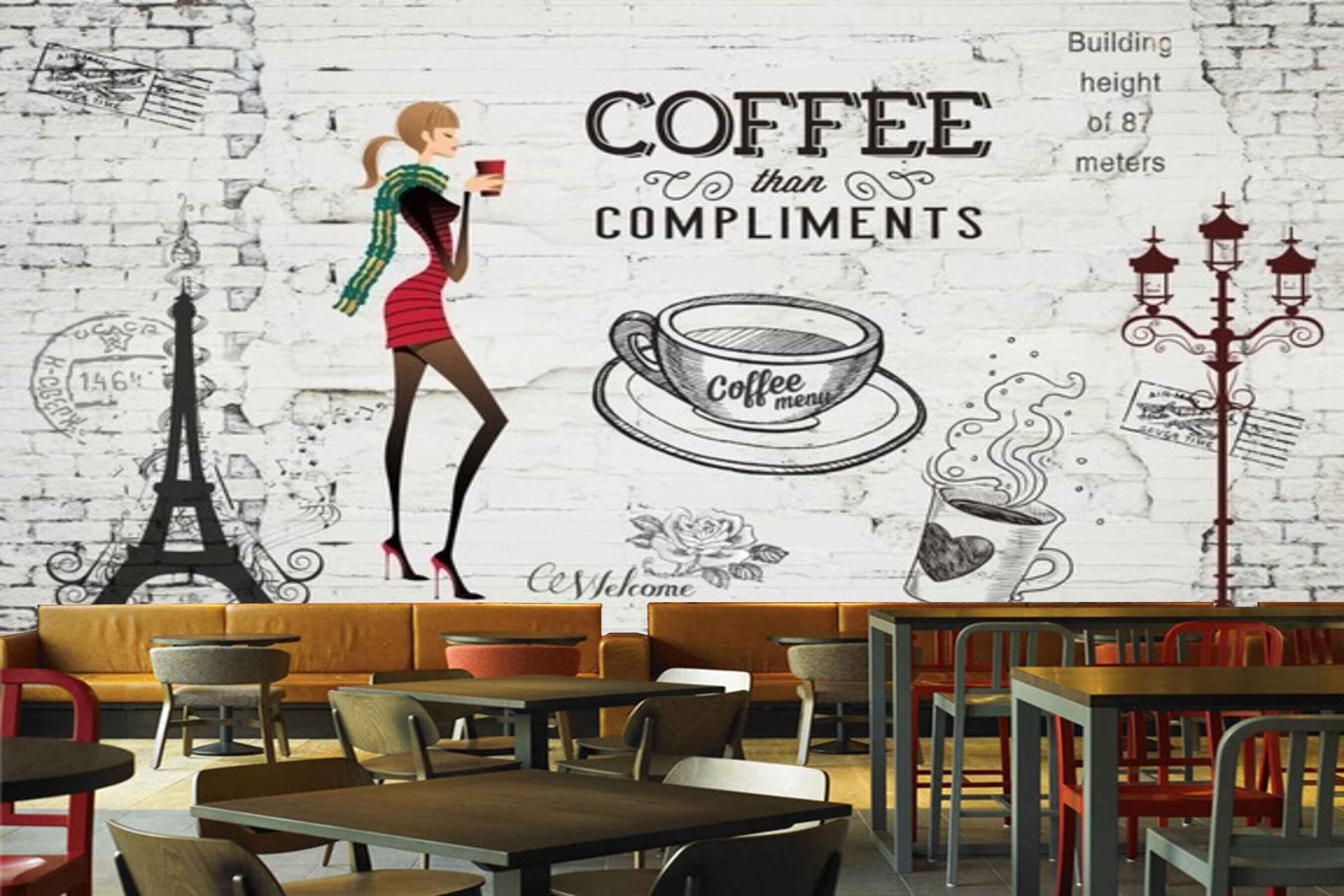 Avikalp MWZ2992 Coffee Quotes Lamp Eiffel Tower HD Wallpaper for Cafe Restaurant