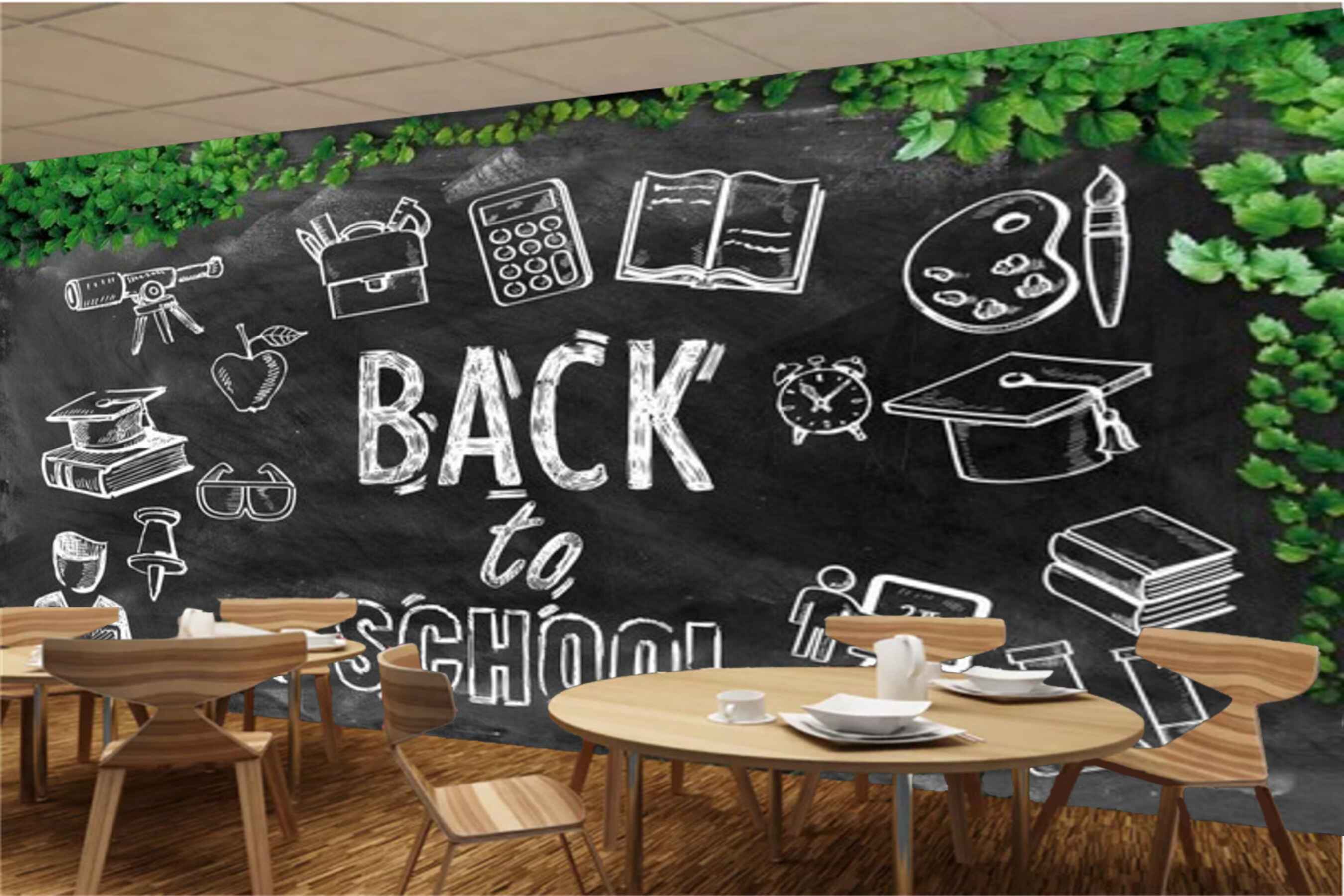 Avikalp MWZ2996 Back To School Leaves Doodle Art HD Wallpaper for Cafe Restaurant