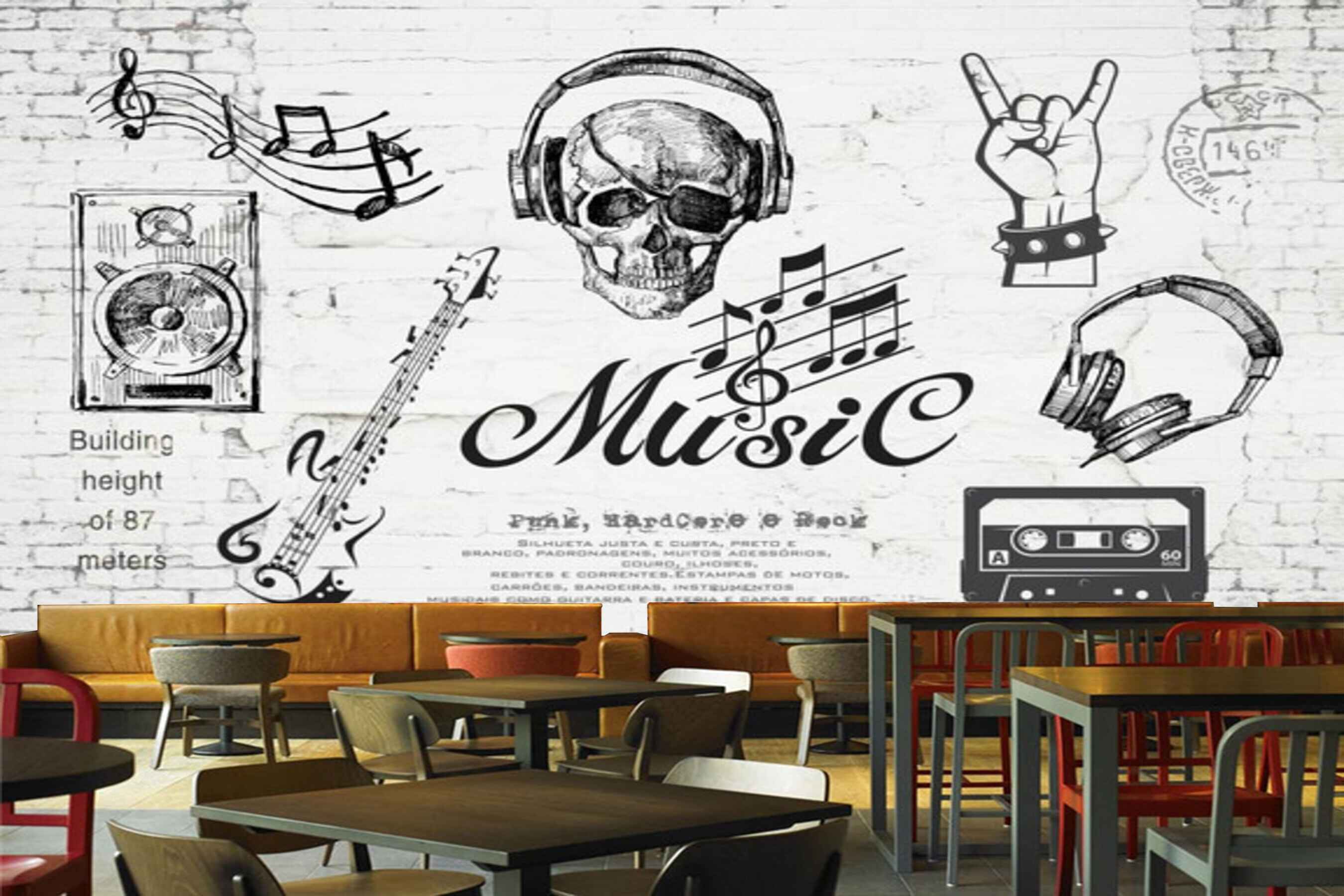 Avikalp MWZ3006 Music Guitar Headphones Skull HD Wallpaper for Cafe Restaurant