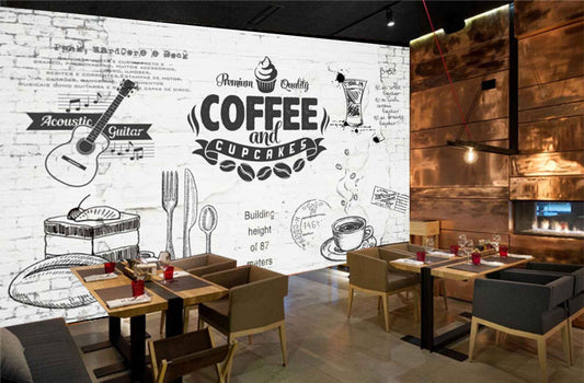 Avikalp MWZ3008 Coffee Cupcake Spoons Guitar HD Wallpaper for Cafe Restaurant