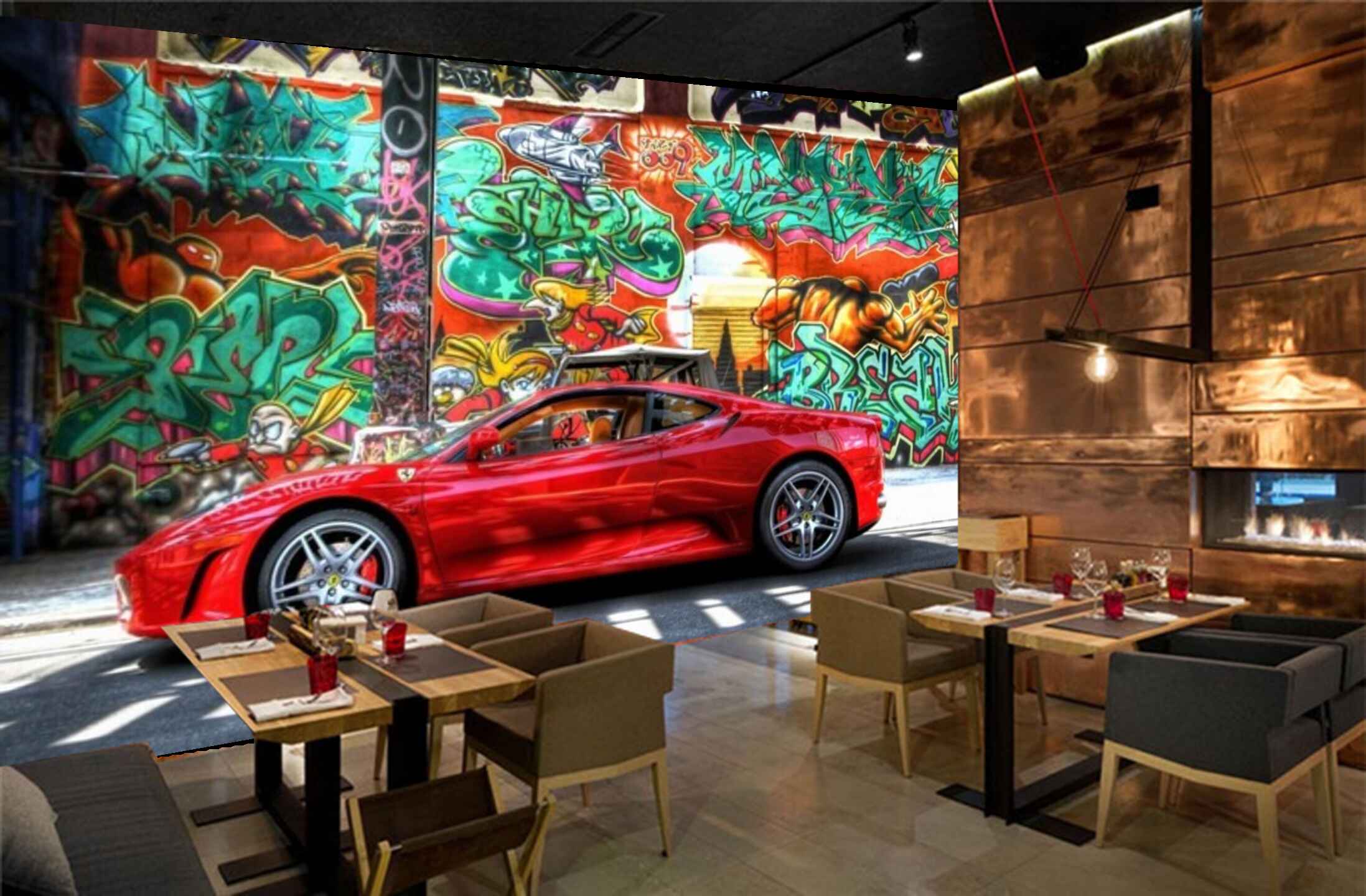 Avikalp MWZ3012 Red Car Doodle Road HD Wallpaper for Cafe Restaurant