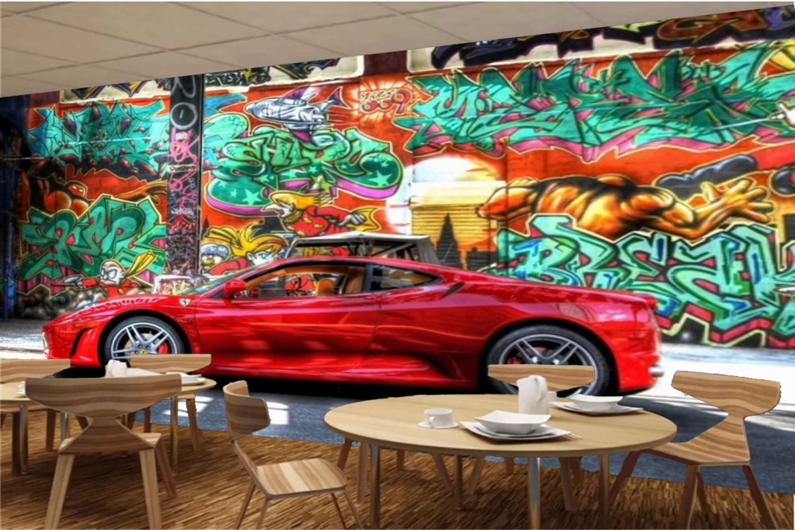 Avikalp MWZ3012 Red Car Doodle Road HD Wallpaper for Cafe Restaurant