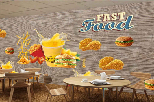 Avikalp MWZ3022 Fast Food Burger Chicken Wings French Fries HD Wallpaper for Cafe Restaurant