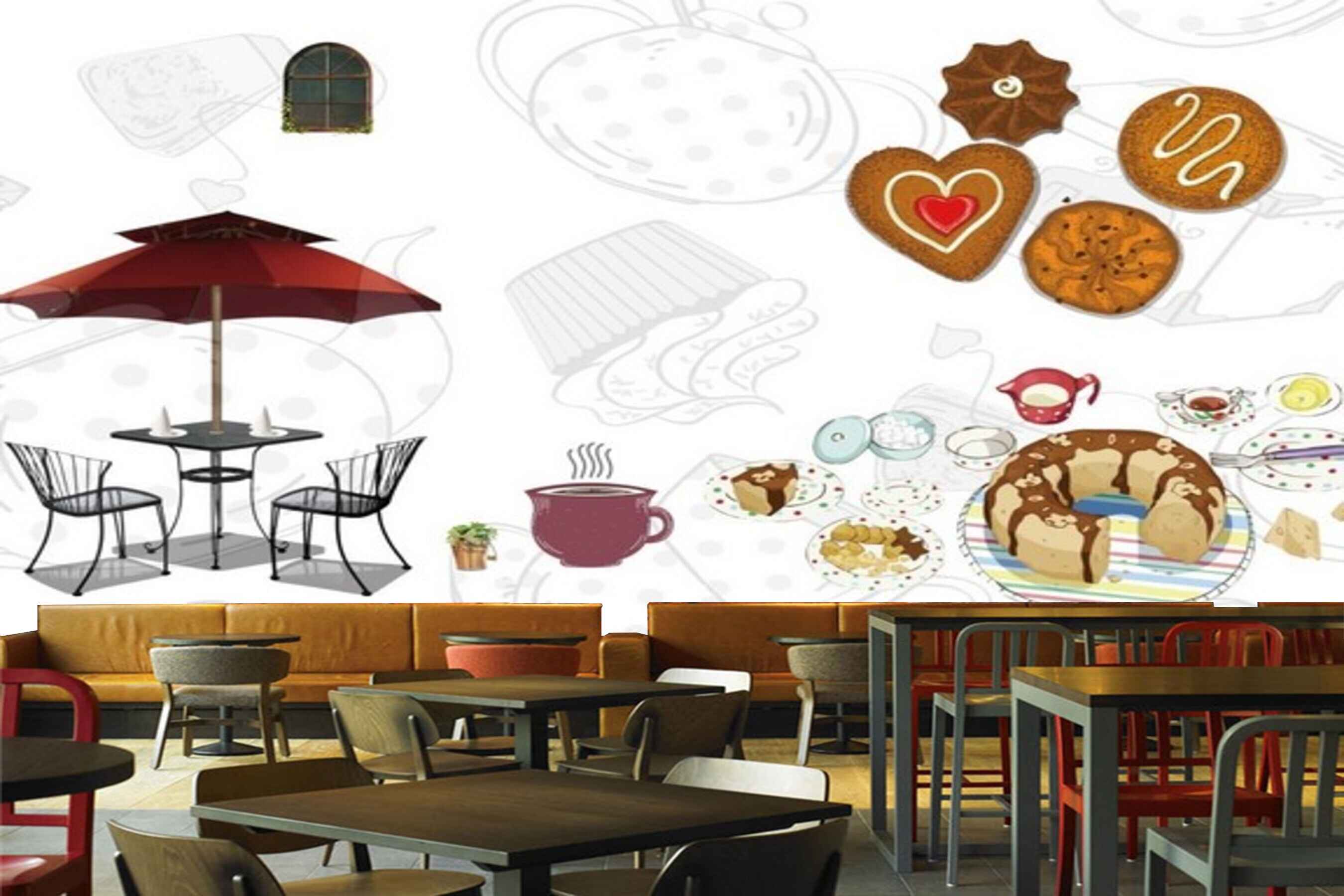 Avikalp MWZ3028 Chairs Umbrella Donuts Coffee Food HD Wallpaper for Cafe Restaurant