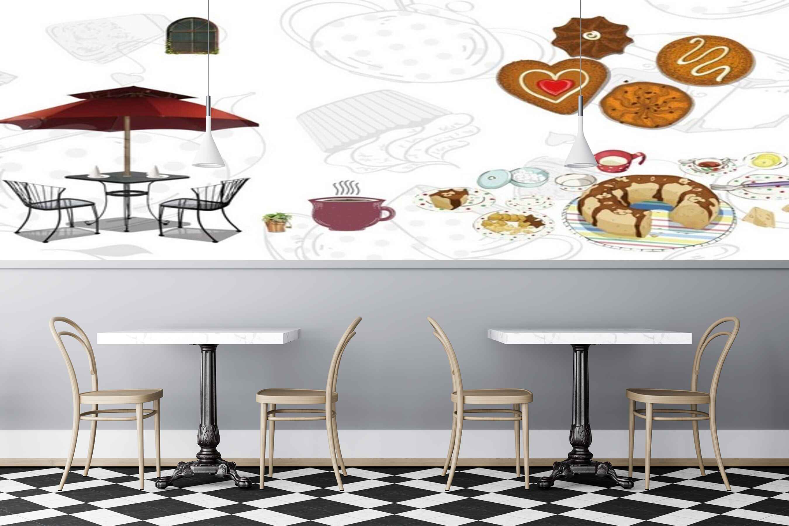 Avikalp MWZ3028 Chairs Umbrella Donuts Coffee Food HD Wallpaper for Cafe Restaurant