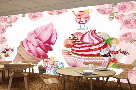 Avikalp MWZ3030 Cupcakes Ice Creams Cherries Pink Roses HD Wallpaper for Cafe Restaurant