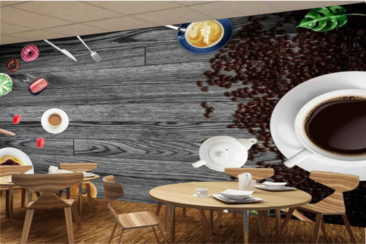 Avikalp MWZ3035 Cup Saucer Coffee Beans Donuts Candies HD Wallpaper for Cafe Restaurant