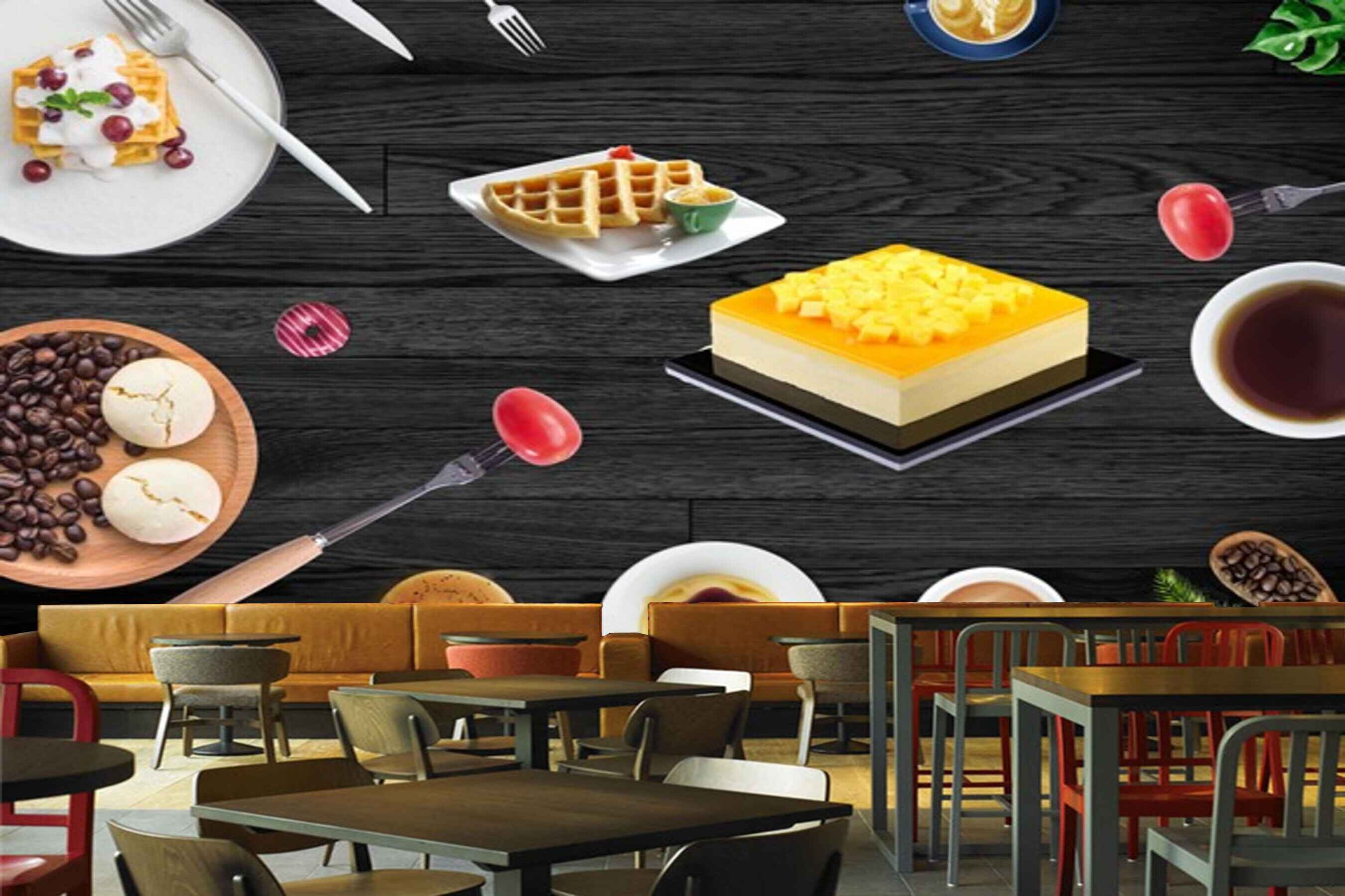 Avikalp MWZ3037 Cake Spoons Donuts Coffee Beans HD Wallpaper for Cafe Restaurant