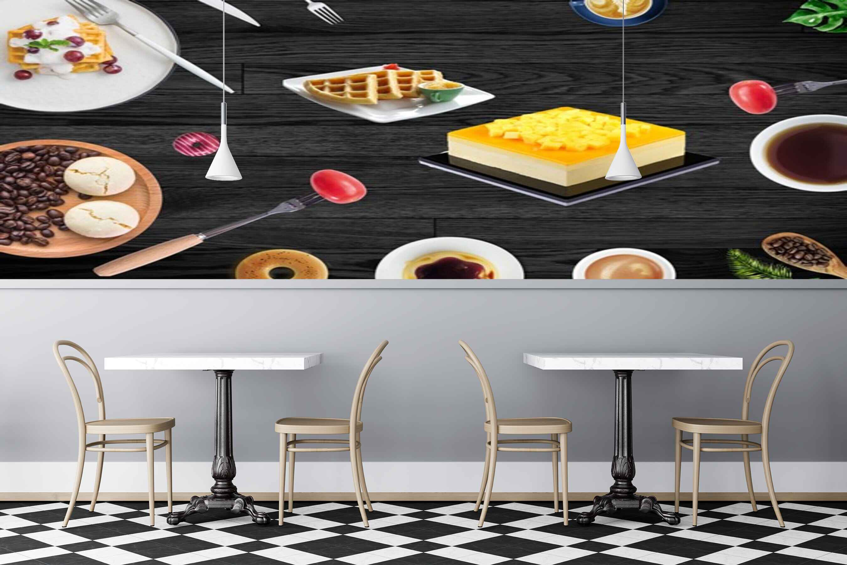 Avikalp MWZ3037 Cake Spoons Donuts Coffee Beans HD Wallpaper for Cafe Restaurant