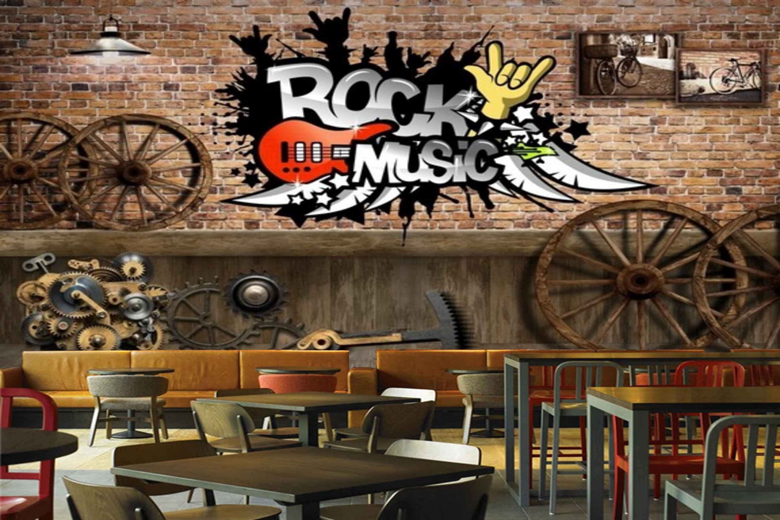 Avikalp MWZ3039 Rock Music Wheels Machinery HD Wallpaper for Cafe Restaurant