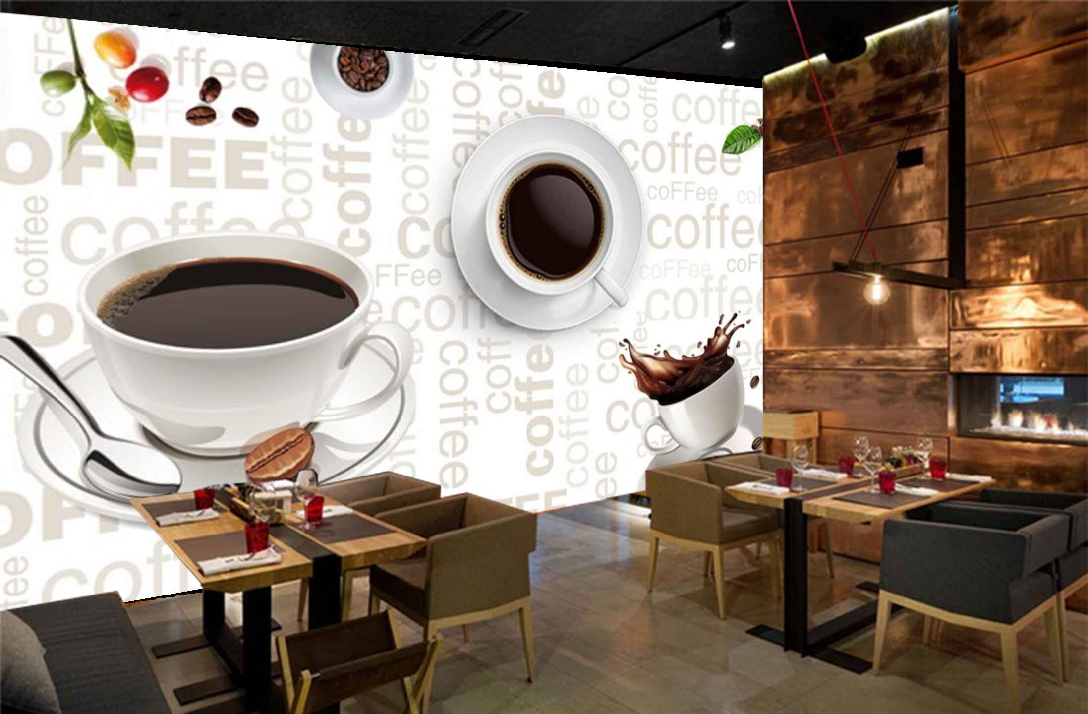 Avikalp MWZ3040 Coffee Beans Cups Saucers HD Wallpaper for Cafe Restaurant