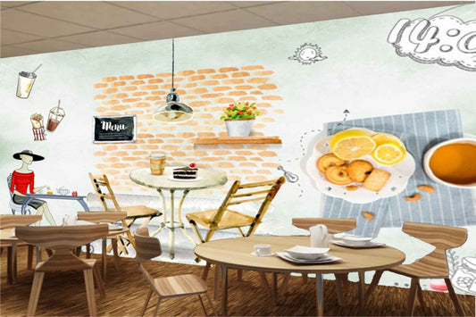 Avikalp MWZ3044 Menu Board Chairs Lemons Cakes Lady HD Wallpaper for Cafe Restaurant