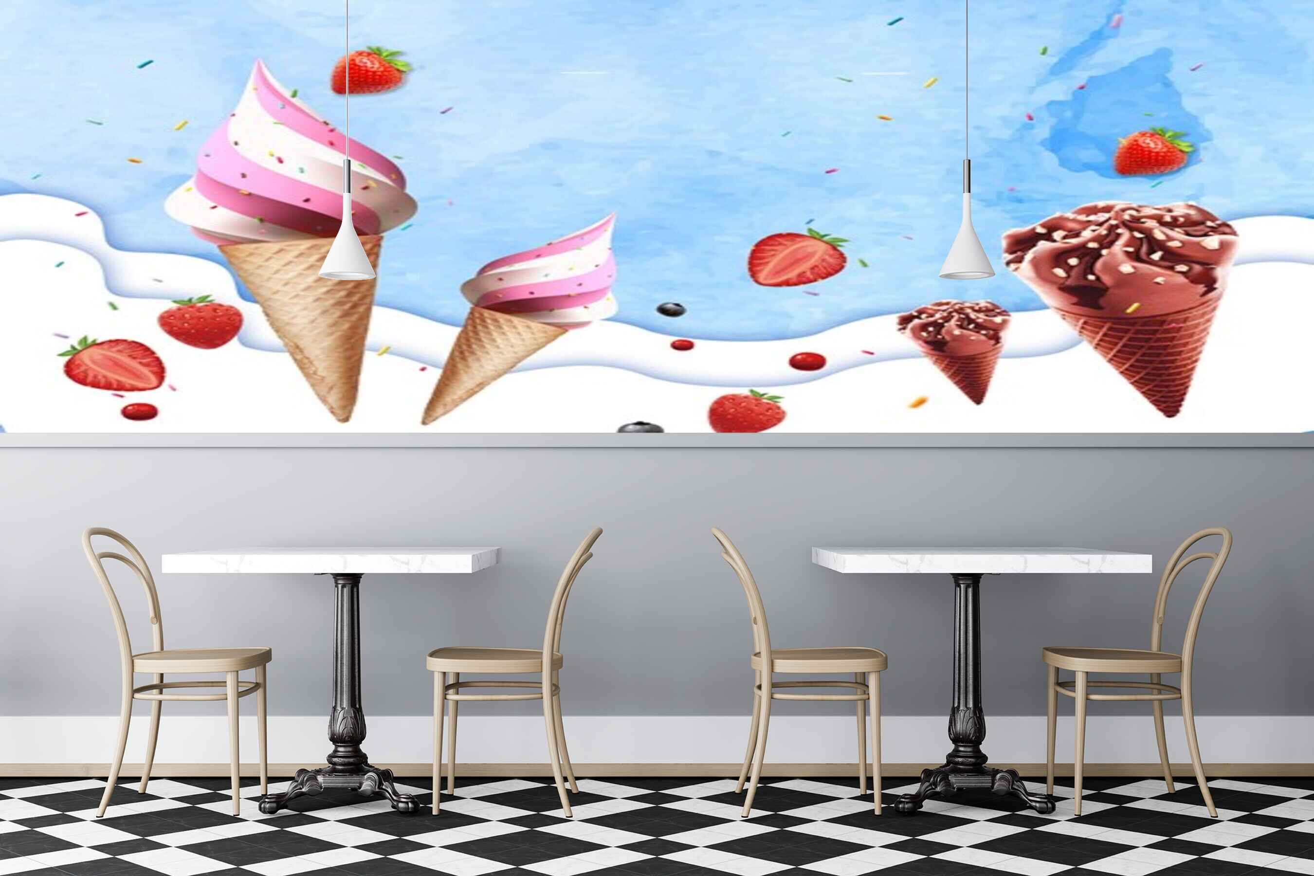 Avikalp MWZ3049 Ice Creams Cones Strawberries HD Wallpaper for Cafe Restaurant