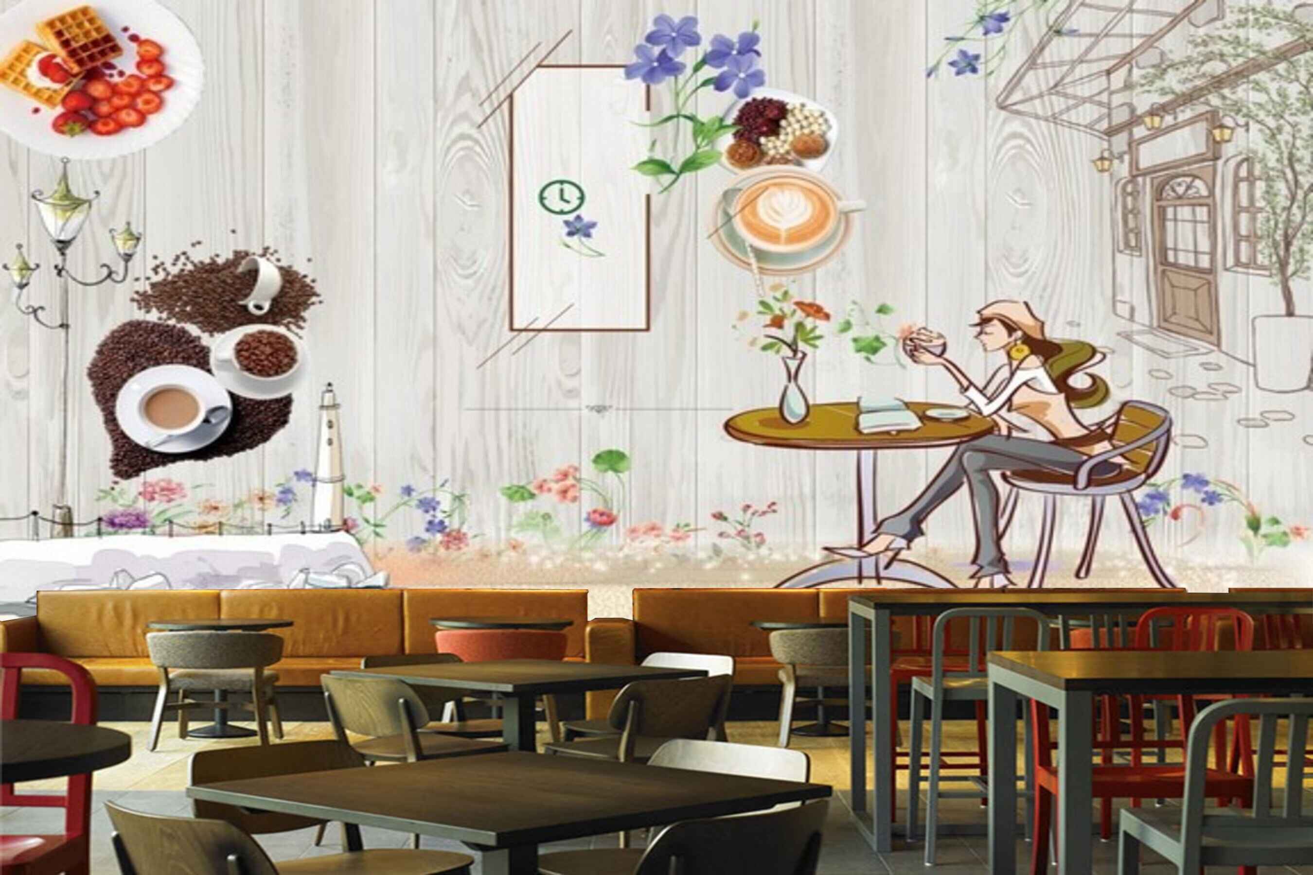 Avikalp MWZ3059 Lady Chair Coffee Flowers Leaves HD Wallpaper for Cafe Restaurant