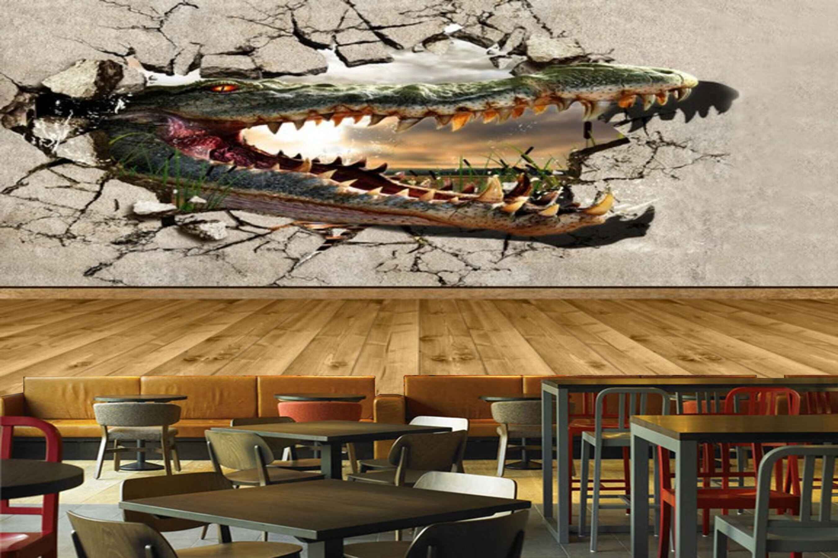 Avikalp MWZ3111 Crocodile Wall Break HD Wallpaper for Cafe Restaurant