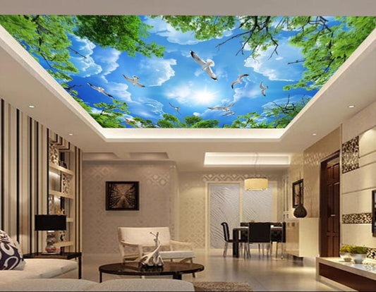 Avikalp MWZ3195 Green Trees Clouds Birds Sky HD Wallpaper for Ceiling