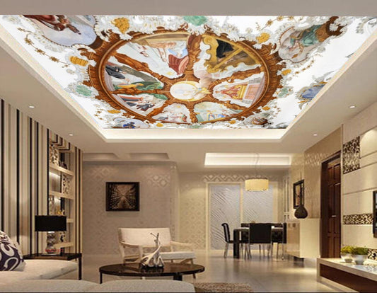 Avikalp MWZ3197 Golden Wheel White Design People Architecture HD Wallpaper for Ceiling