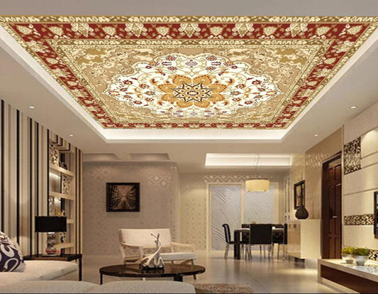 Avikalp MWZ3202 Golden Red Flowers Design HD Wallpaper for Ceiling