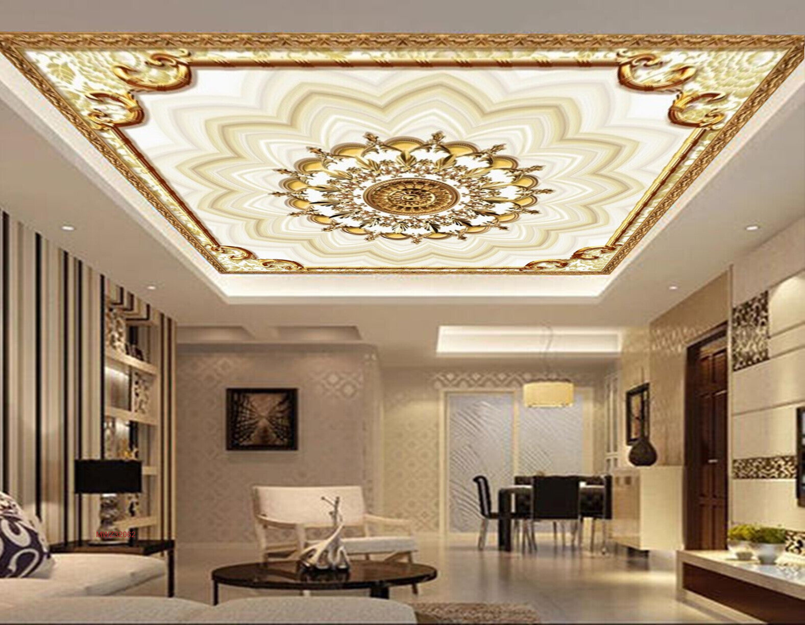 Avikalp MWZ3206 Cream Golden Flowers Design HD Wallpaper for Ceiling