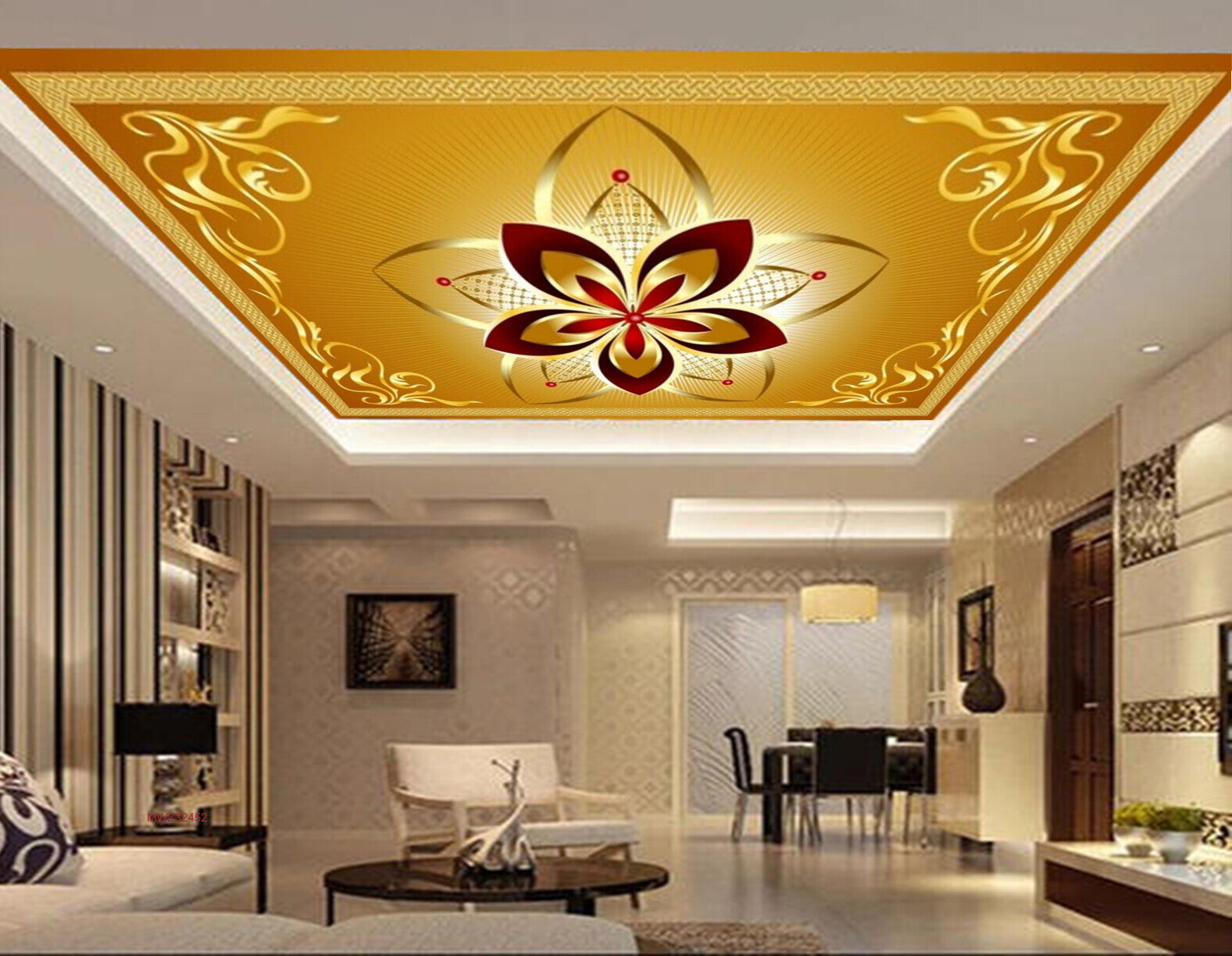 Avikalp MWZ3245 Golden Red Flowers HD Wallpaper for Ceiling