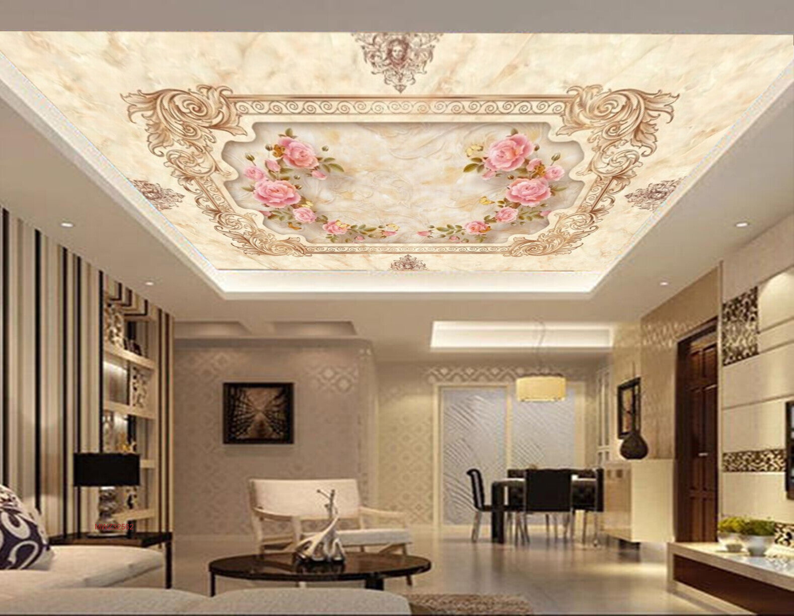 Avikalp MWZ3256 Pink Roses Leaves Cream Design HD Wallpaper for Ceiling