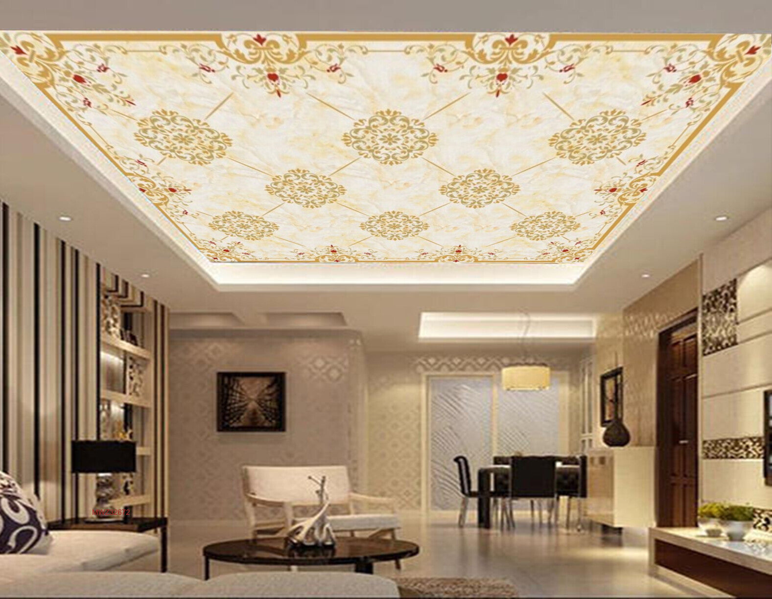 Avikalp MWZ3267 Golden Red Flowers HD Wallpaper for Ceiling