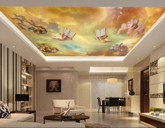 Avikalp MWZ3277 Flying Babies Books Clouds HD Wallpaper for Ceiling