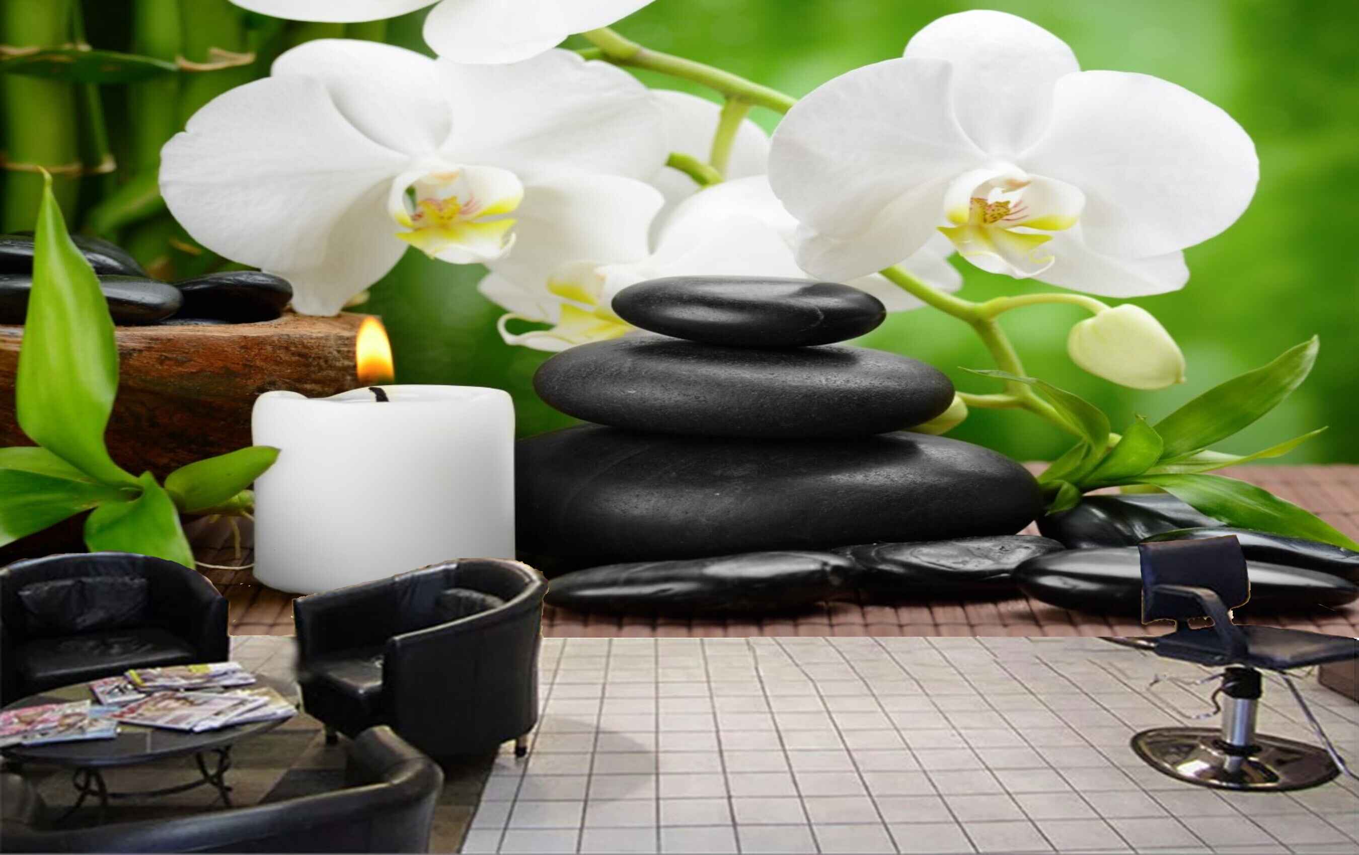 Avikalp MWZ3685 Whute Flowers Candles Stones Leaves HD Wallpaper for Spa